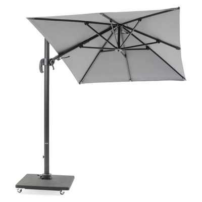Avola zweefparasol met tiltfunctie in zwart aluminium met grijs polyester parasoldoek - L1: 300 x L2: 200 cm (met voet)