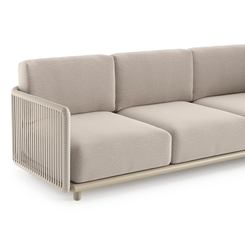 Organo loungebank in beige aluminium en beige verticaal geweven luxe vlakke rope met slow farafra all weather Sunbrella® luxe kussen