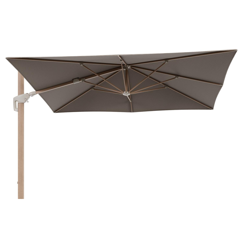 Minore zweefparasol met tiltfunctie in houtlook aluminium en Firenze Earth All Weather Solica parasoldoek - L1 280 x L2 370 cm (zonder voet)