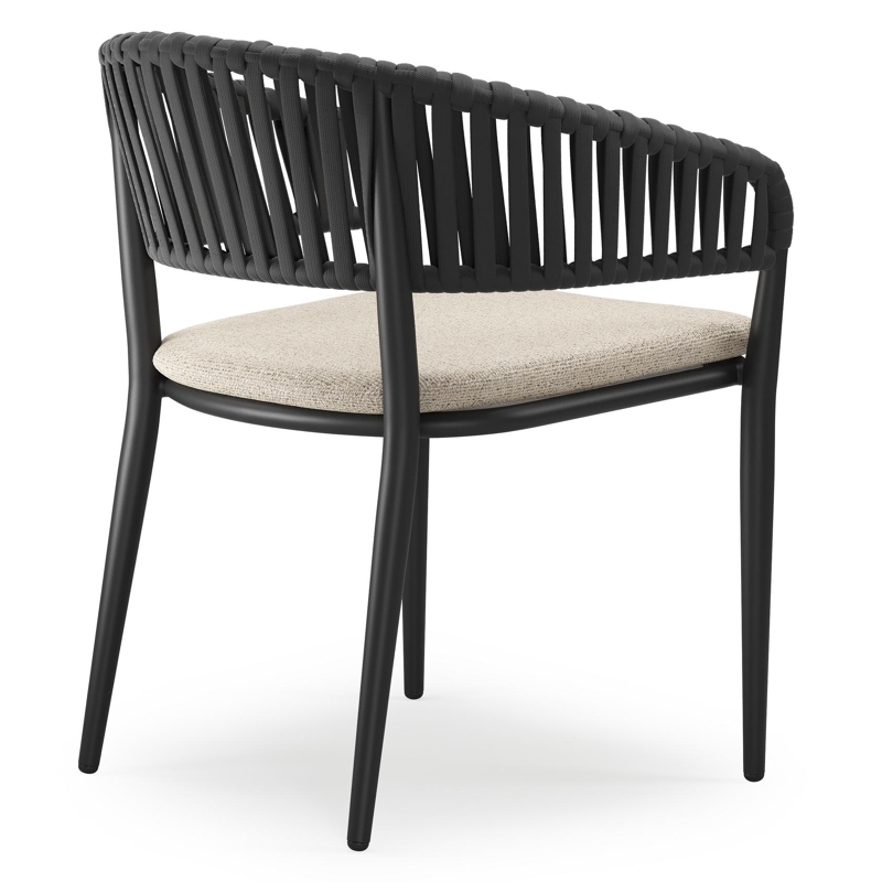 Tolfa stapelbare tuinstoel in zwart aluminium en zwart verticaal geweven luxe vlakke brede rope met stoelkussen in All Weather Cosytica Marbella Beige
