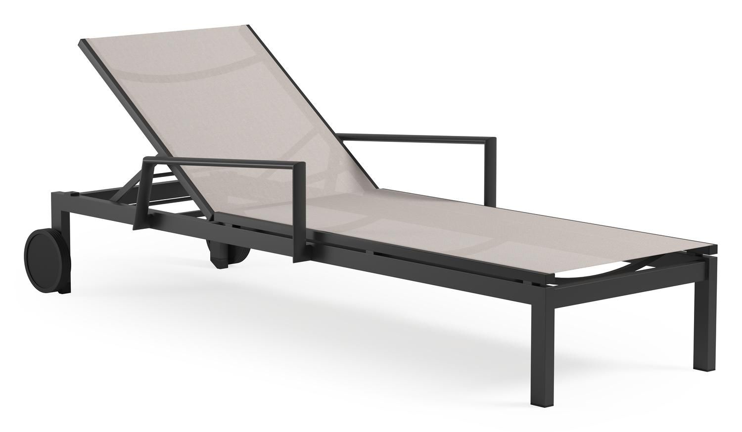 Caravelle verstelbaar ligbed in zwart aluminium en beige single textileen met armleuning