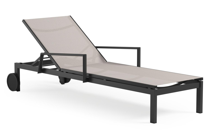Chaise longue réglabe Caravelle en aluminium noir et textilène simple beige avec accoudoir