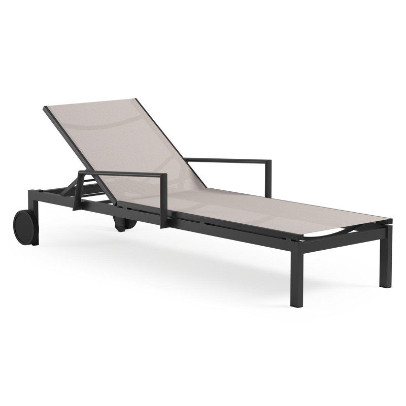 Caravelle verstelbaar ligbed in zwart aluminium en beige single textileen met armleuning
