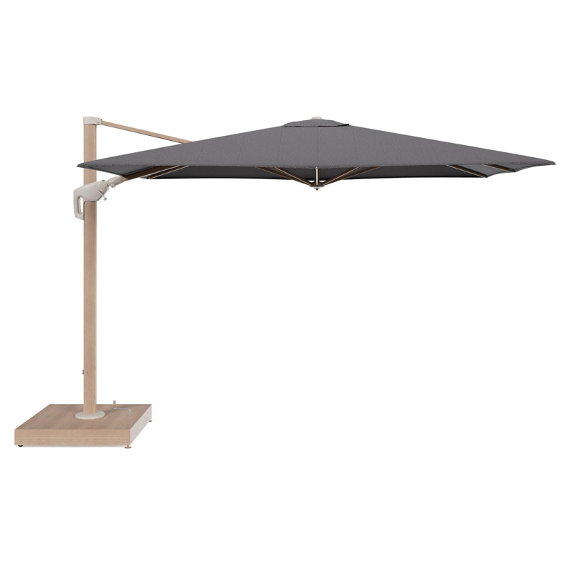 Minore zweefparasol met tiltfunctie in houtlook aluminium en Firenze Tunder All Weather Solica parasoldoek - L1 280 x L2 370 cm met parasolvoet Minore 260 kg met wielen