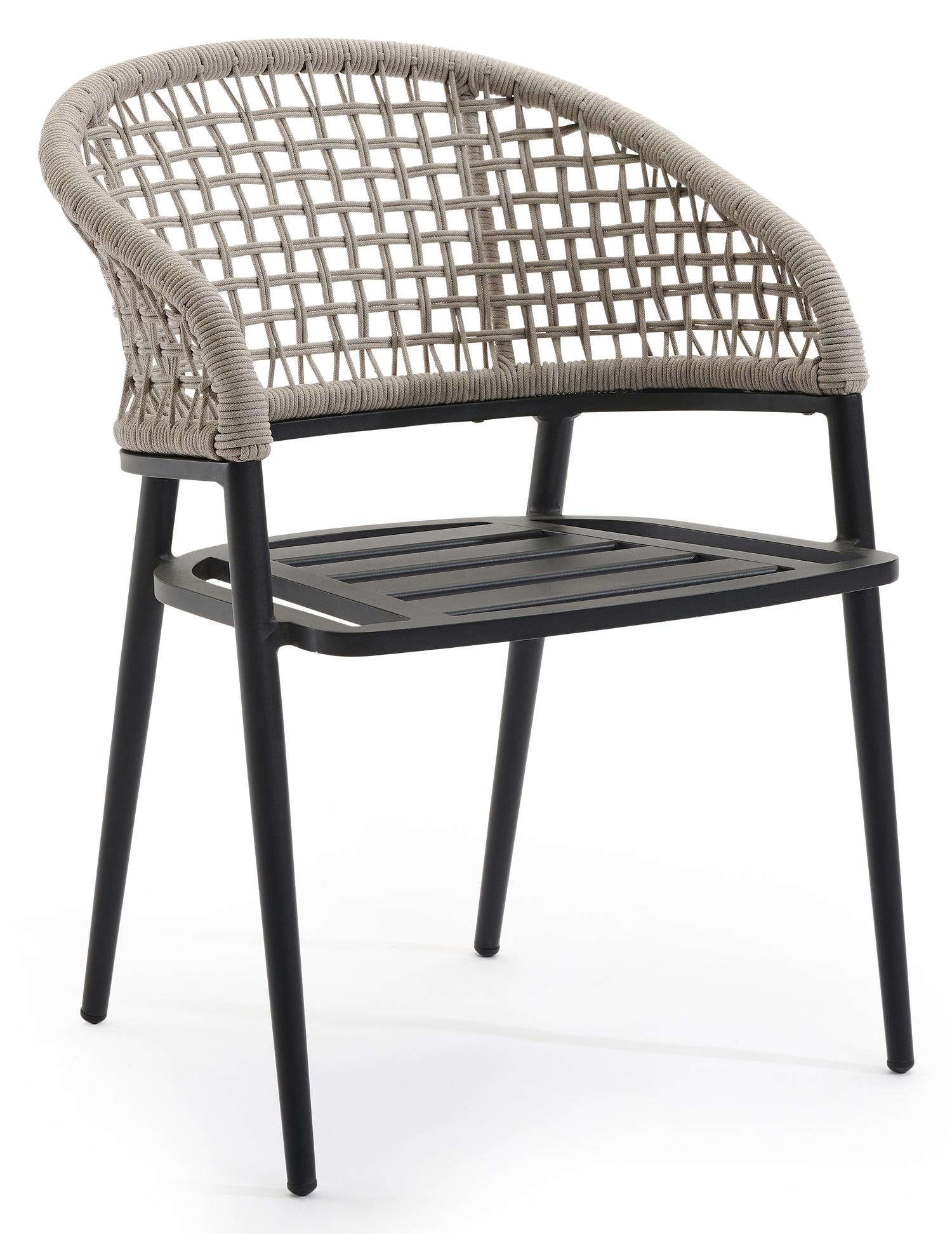 Lacrima tuinstoel in zwart aluminium en beige vierkant geweven ronde rope 
