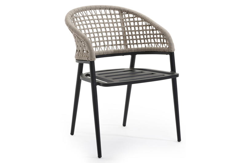Lacrima tuinstoel in zwart aluminium en beige vierkant geweven ronde rope 
