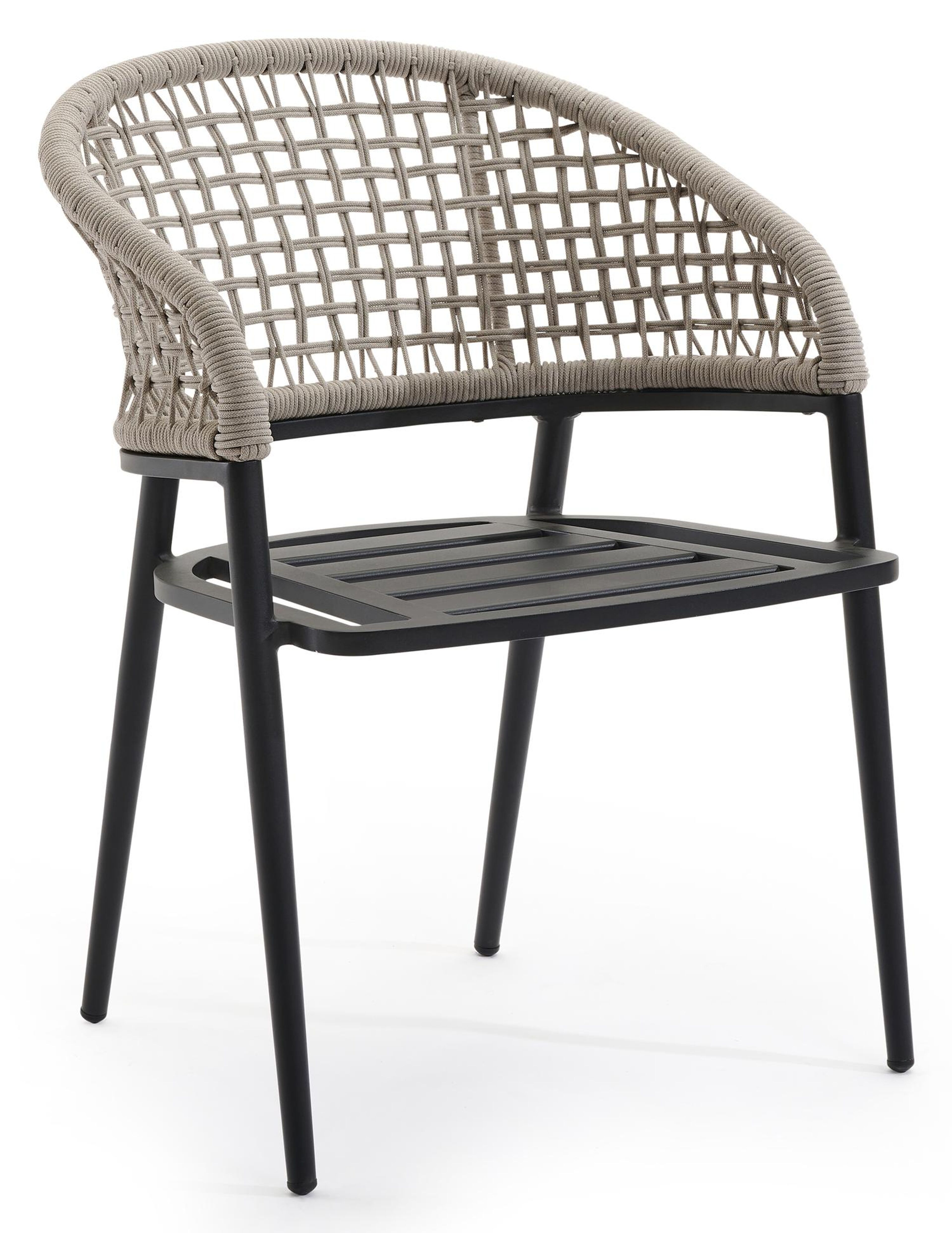 Lacrima tuinstoel in zwart aluminium en beige vierkant geweven ronde rope 