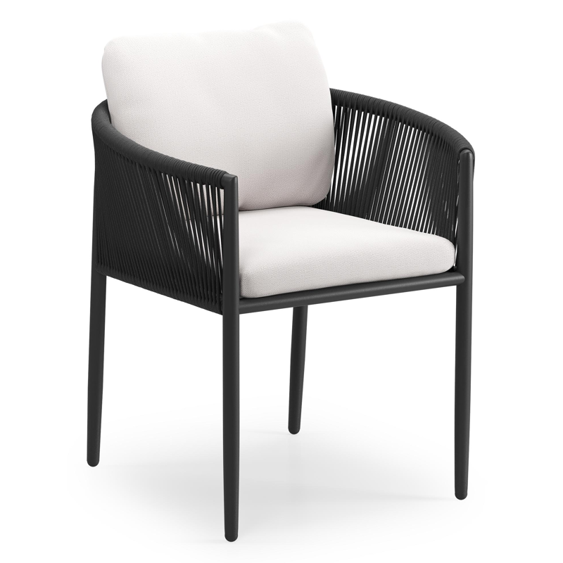 Organo tuinstoel in beige aluminium en beige verticaal geweven ronde rope met stoelkussen in All Weather Sunbrella® Luxe Savane Whisper