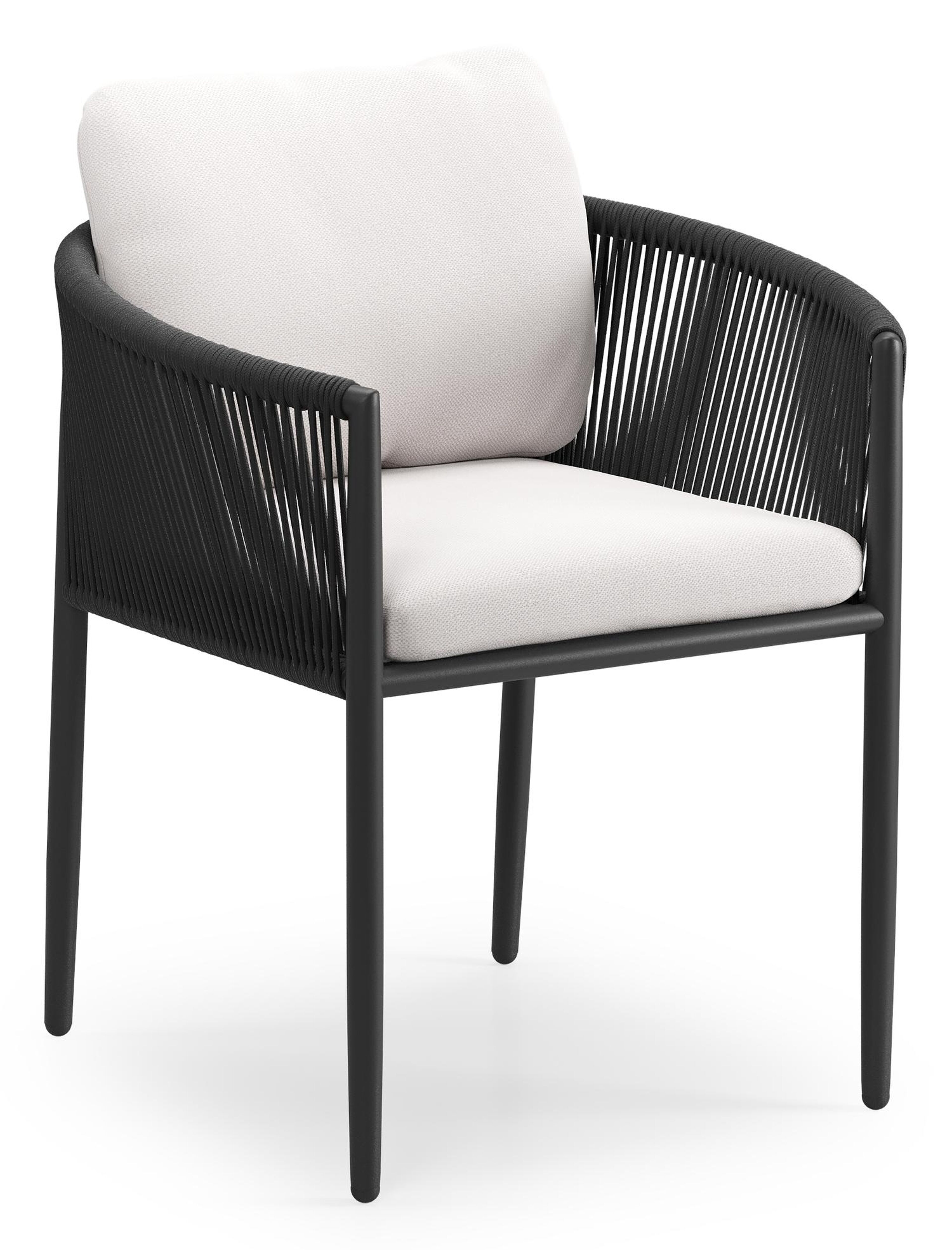 Organo tuinstoel in beige aluminium en beige verticaal geweven ronde rope met stoelkussen in All Weather Sunbrella® Luxe Savane Whisper