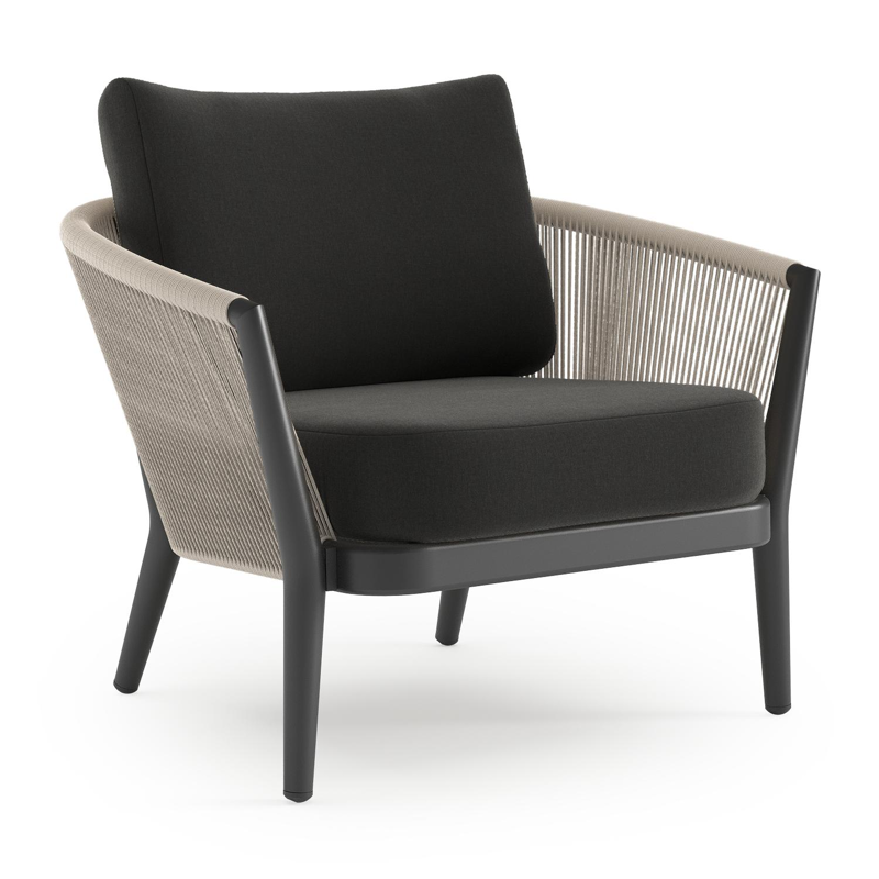 Orso loungestoel in zwart aluminium en beige verticaal geweven ronde rope met Natte Sooty all weather sunbrella® luxe kussen