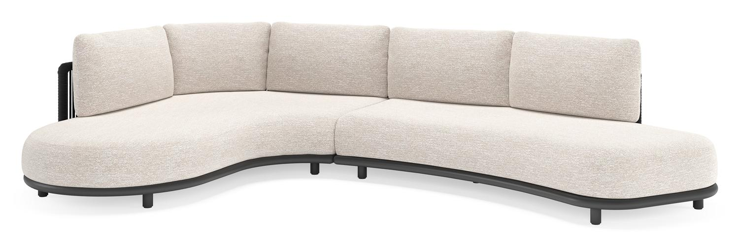 Lomano loungehoek in zwart aluminium en zwart verticaal geweven luxe vlakke rope met tundra sand all weather sunbrella® luxe kussen