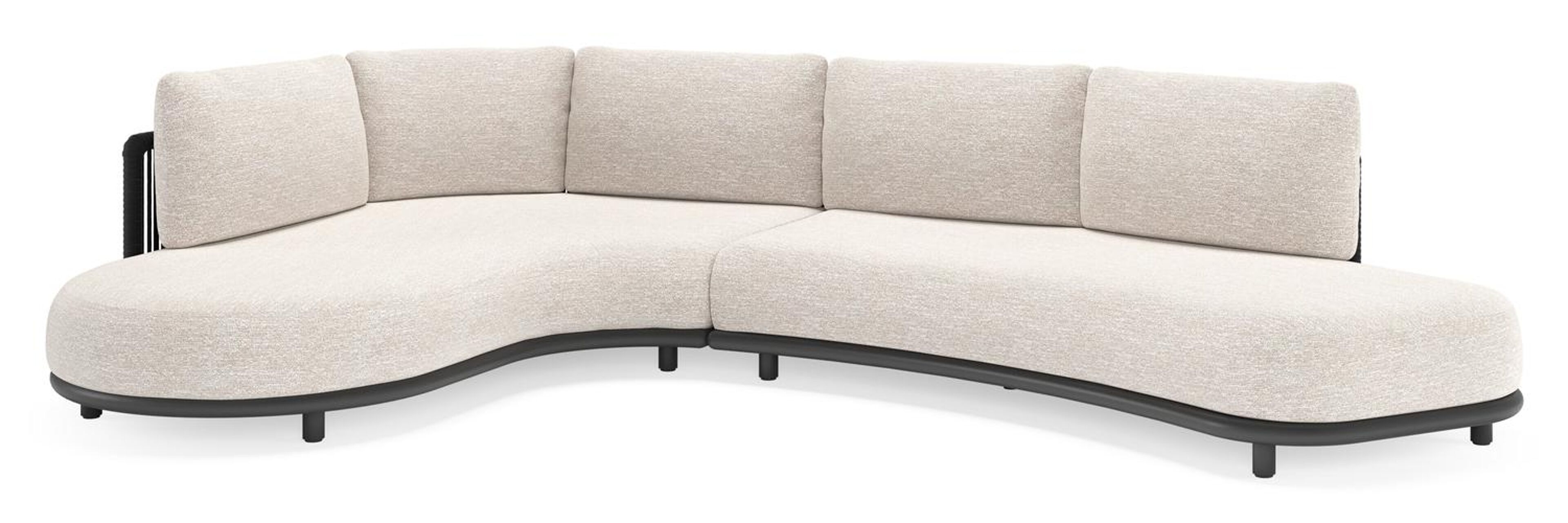 Lomano loungehoek in zwart aluminium en zwart verticaal geweven luxe vlakke rope met tundra sand all weather sunbrella® luxe kussen