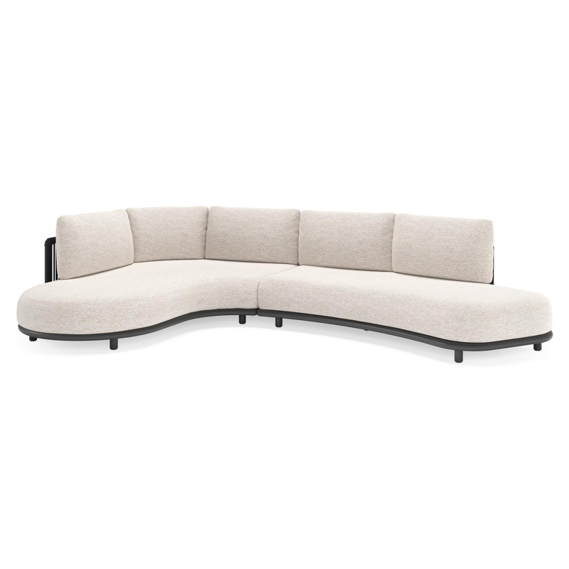 Lomano loungehoek in zwart aluminium en zwart verticaal geweven luxe vlakke rope met tundra sand all weather sunbrella® luxe kussen