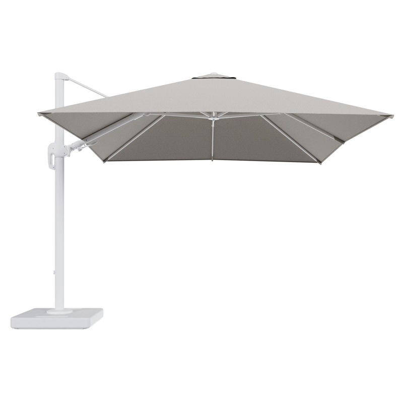 Parasol pendant Rufina avec fonction tilt en aluminium blanc et toile de parasol en All Weather Solica Firenze Sand - Lg.1 300 x Lg.2 300 cm avec pied de parasol Lapido 160 kg