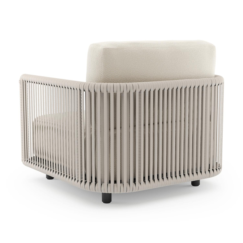 Organo loungestoel in zwart aluminium en beige verticaal geweven luxe vlakke rope met althea off white all weather Cosytica kussen