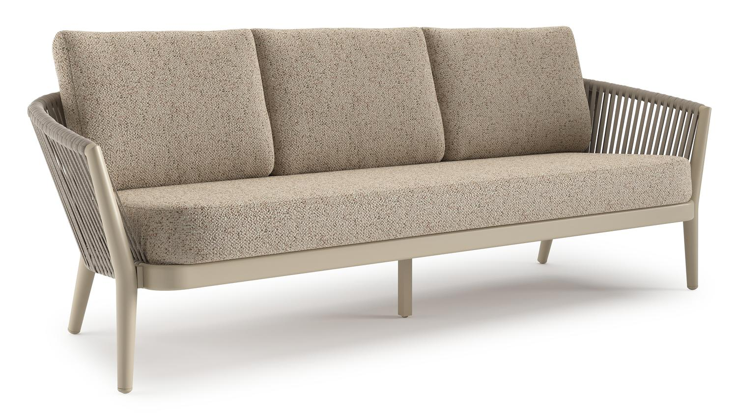 Orso loungebank in beige aluminium en beige verticaal geweven ronde rope met Bora Jungle all weather cosytica kussen