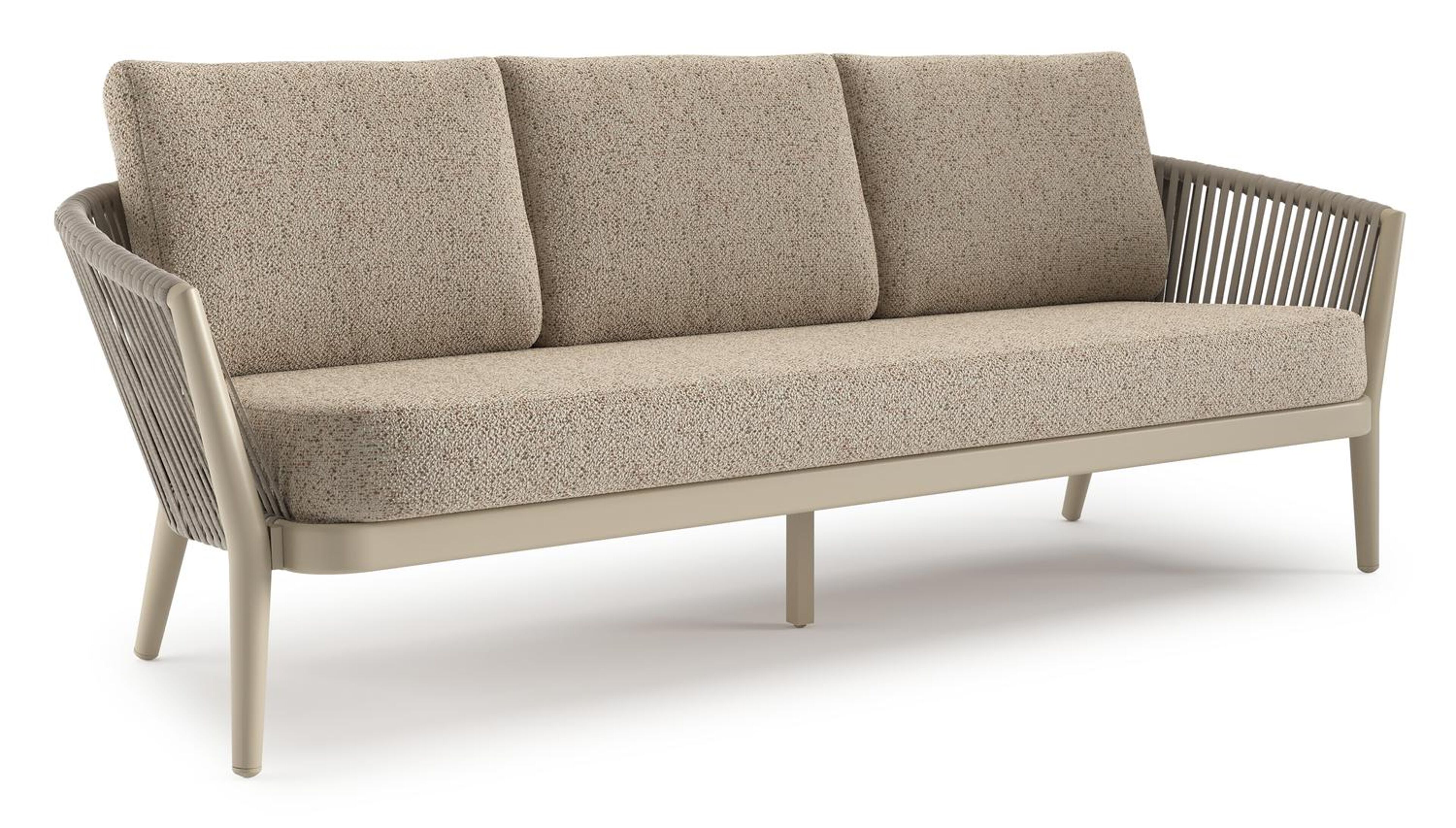 Canapé de jardin Orso en aluminium beige en corde luxe plate tissée verticalement beige et coussins en all weather cosytica Bora Jungle