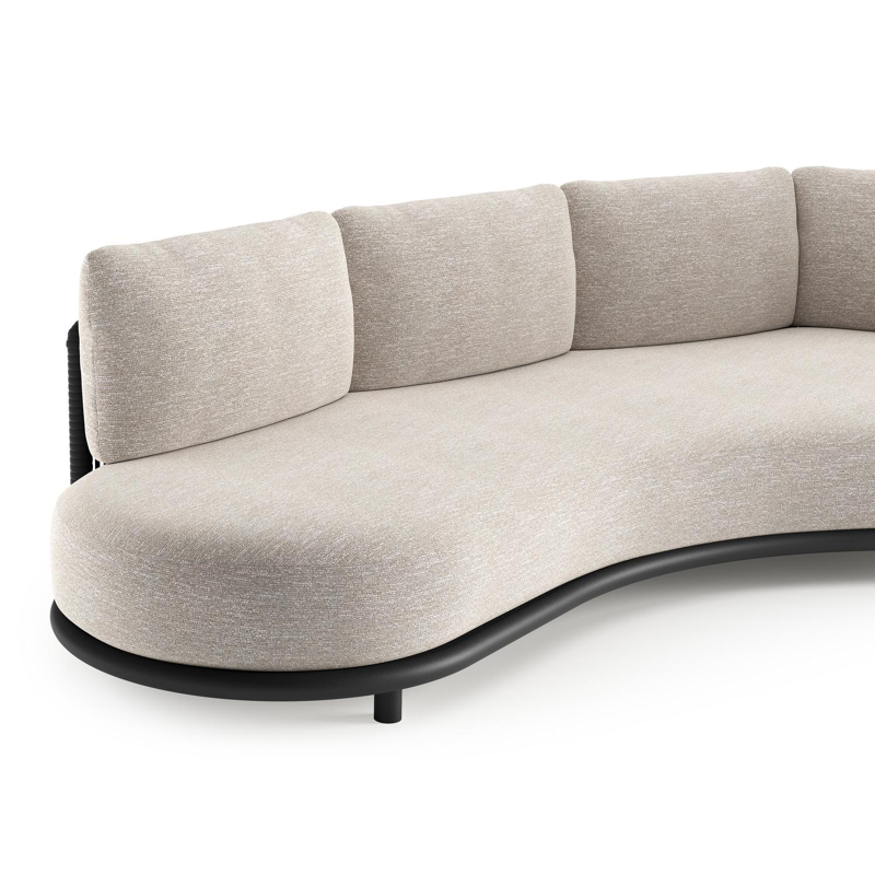 Lomano loungebank in zwart aluminium en zwart verticaal geweven luxe vlakke rope met tundra sand all weather sunbrella® luxe kussen