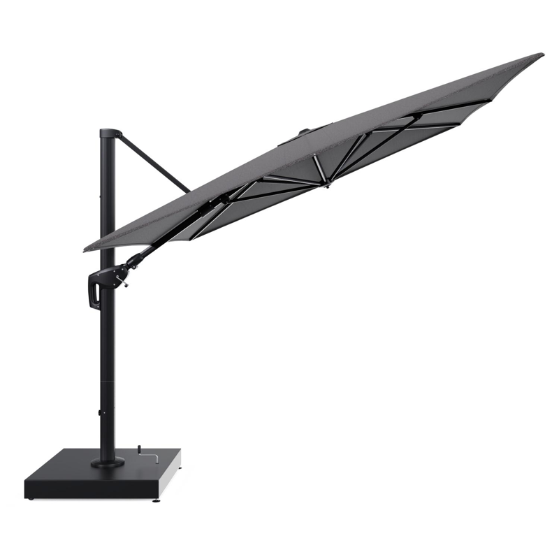 Minore zweefparasol met tiltfunctie in zwart aluminium en Firenze Tunder All Weather Solica parasoldoek - L1 400 x L2 300 cm met parasolvoet Minore 260 kg met wielen