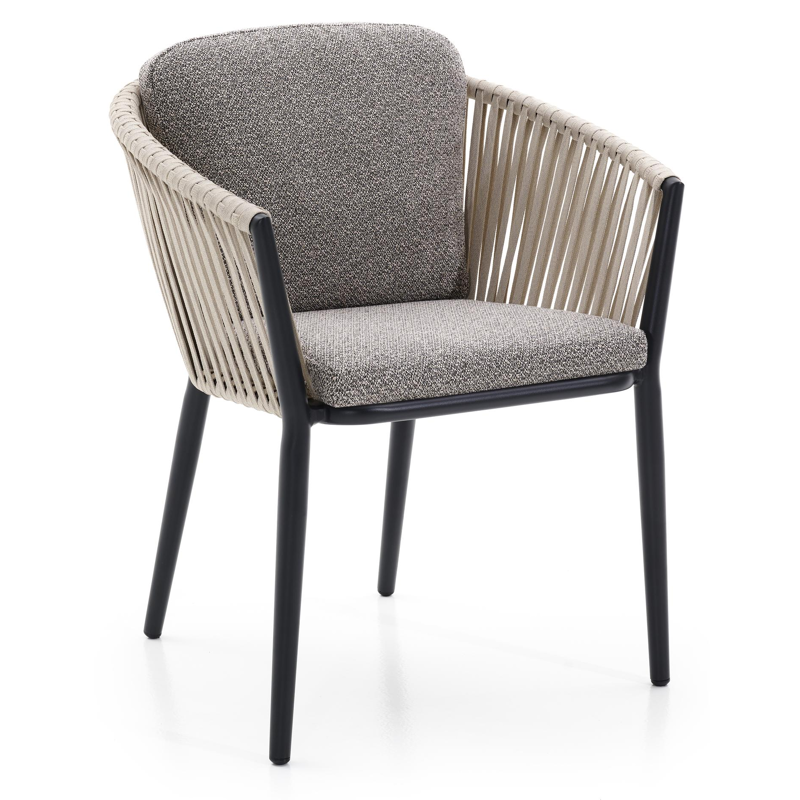 Orso tuinstoel in beige aluminium en beige verticaal geweven vlakke rope met kussen in All Weather Sunbrella® Luxe Wander Granite