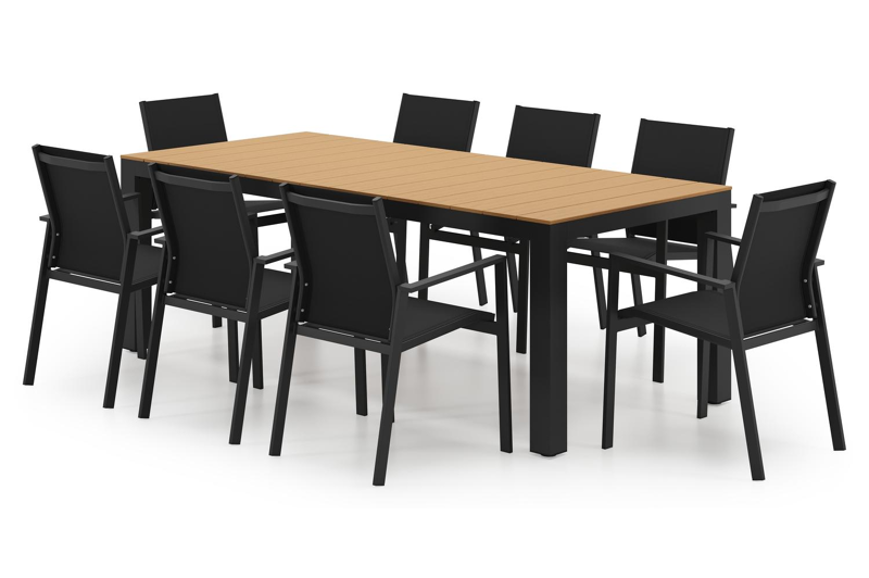 Calzo tuinset in zwart aluminium en polywood met 8 Bahia tuinstoelen