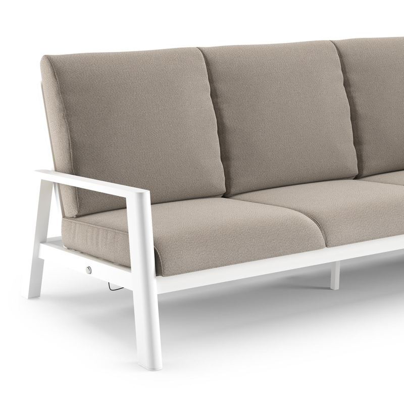 Canapé de jardin Cirello en aluminium blanc et coussins en all weather sunbrella® luxe savane coconut