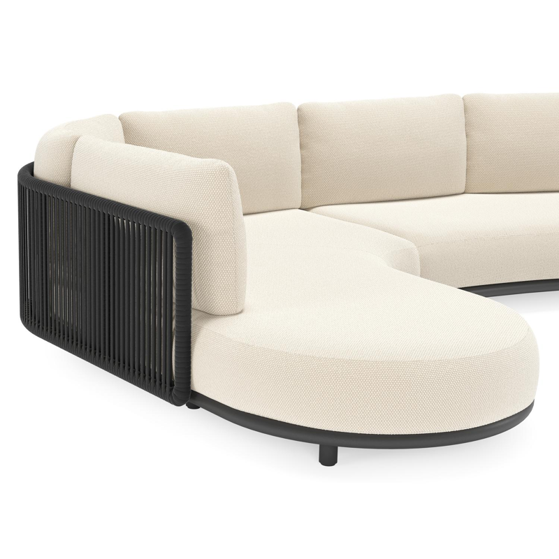 Lomano loungehoek in zwart aluminium en zwart verticaal geweven luxe vlakke rope met althea off white all weather cosytica kussen