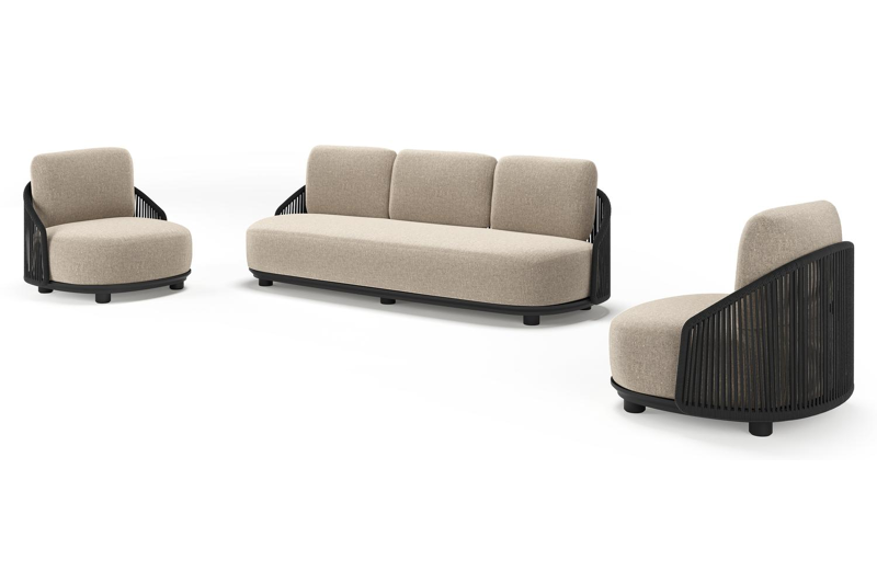 Vadelo loungeset in zwart aluminium en zwart verticaal geweven ronde rope met chartres pewter all weather sunbrella® luxe kussen