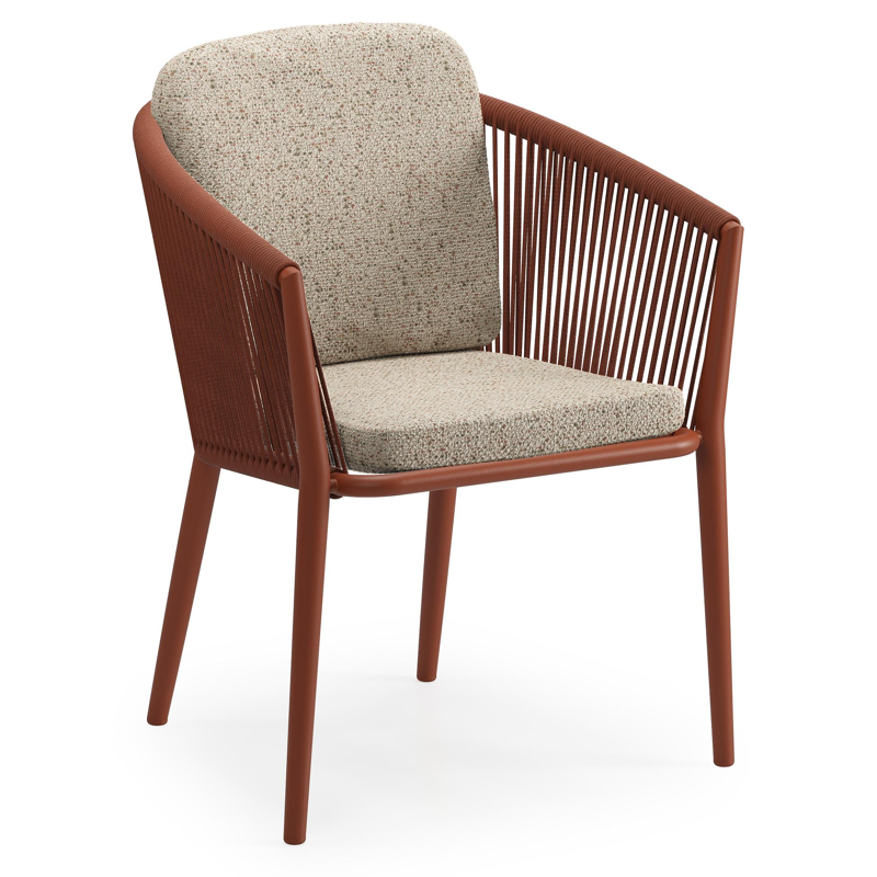 Chaise de jardin Orso en aluminium brun rouille et corde ronde tissée verticalement brun rouille avec coussin luxe en All Weather Cosytica Bora Jungle