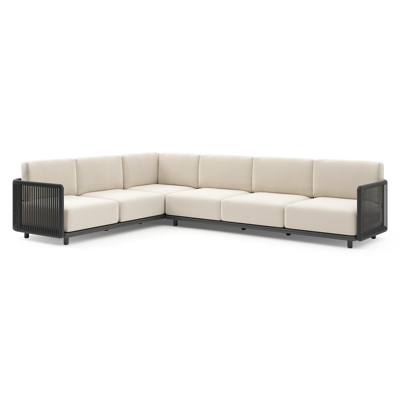 Organo loungehoek in zwart aluminium en zwart verticaal geweven luxe vlakke rope met althea off white all weather Cosytica kussen