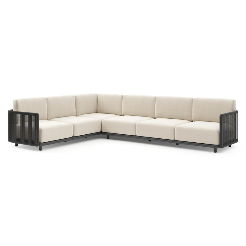 Salon de jardin d'angle Organo en aluminium noir et corde luxe plate tissée verticalement noir et coussin en all weather Cosytica althea off white