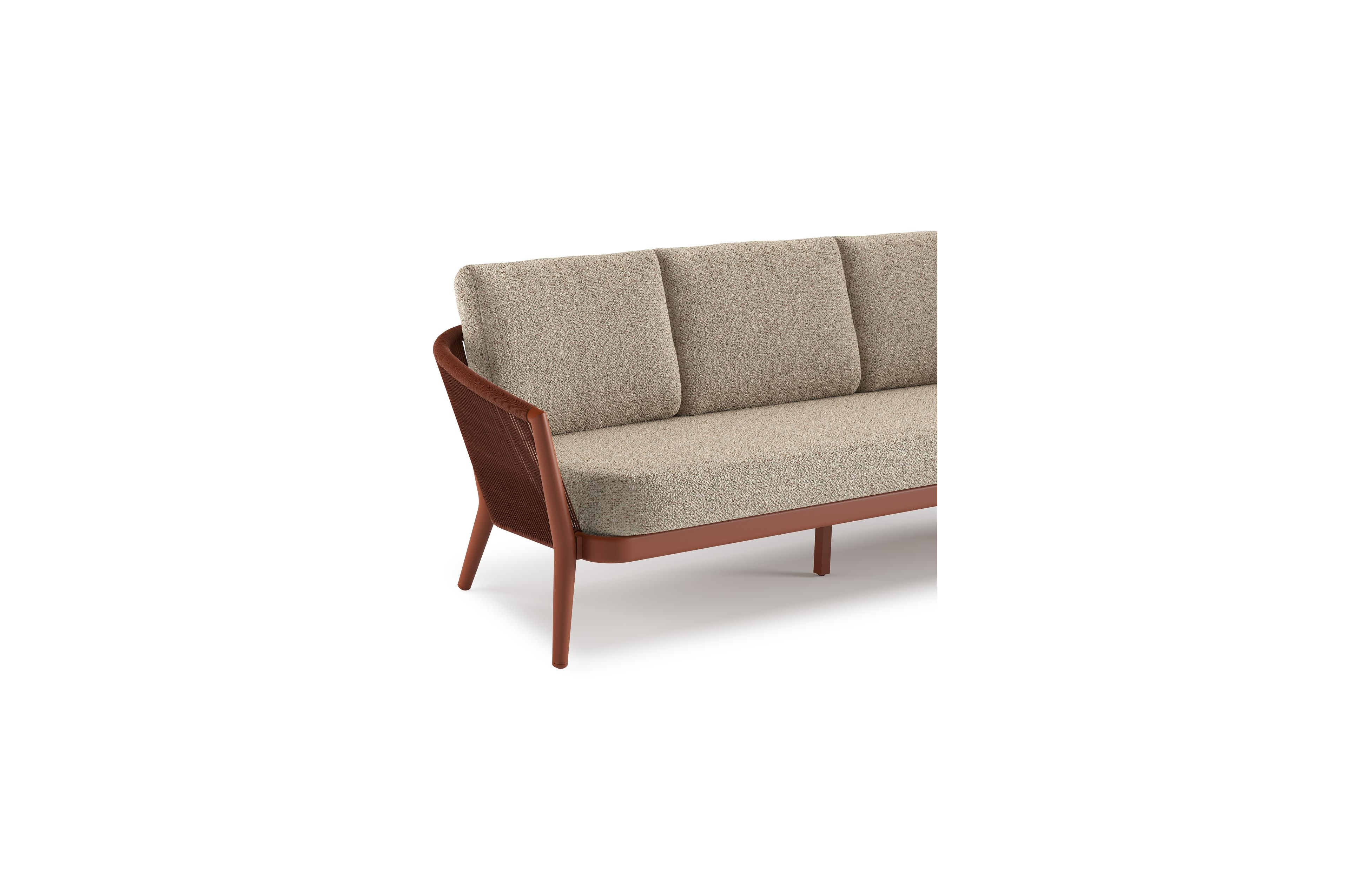 Canapé de jardin Orso en aluminium brun rouille en corde ronde tissée verticalement brun rouille et coussins en all weather cosytica Bora Jungle