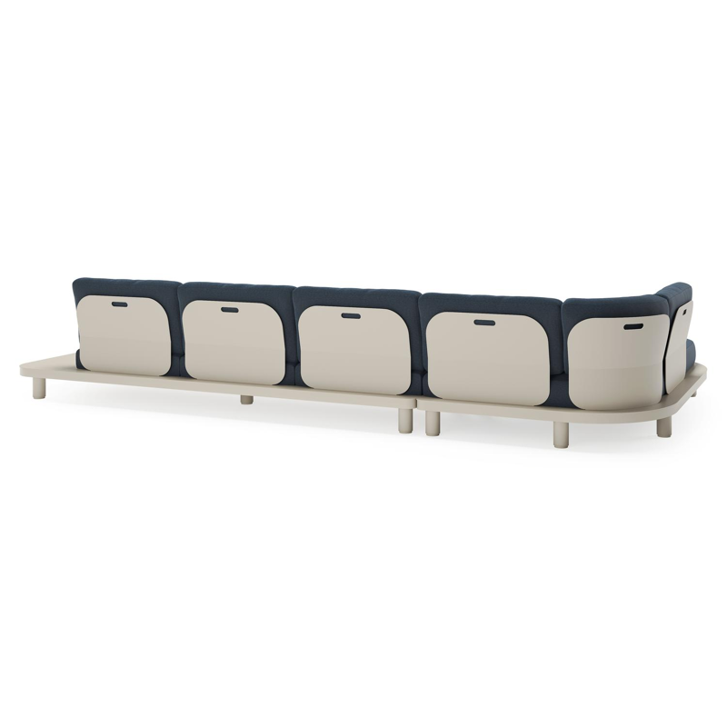 Salon de jardin d'angle Donato en aluminium beige et coussins en All Weather Sunbrella® luxe heritage indigo