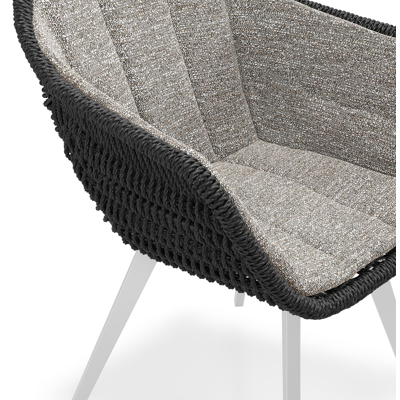 Pagino tuinstoel in wit aluminium en zwart ronde wicker met zitkussen in All Weather Sunbrella® Luxe Tundra Pepper