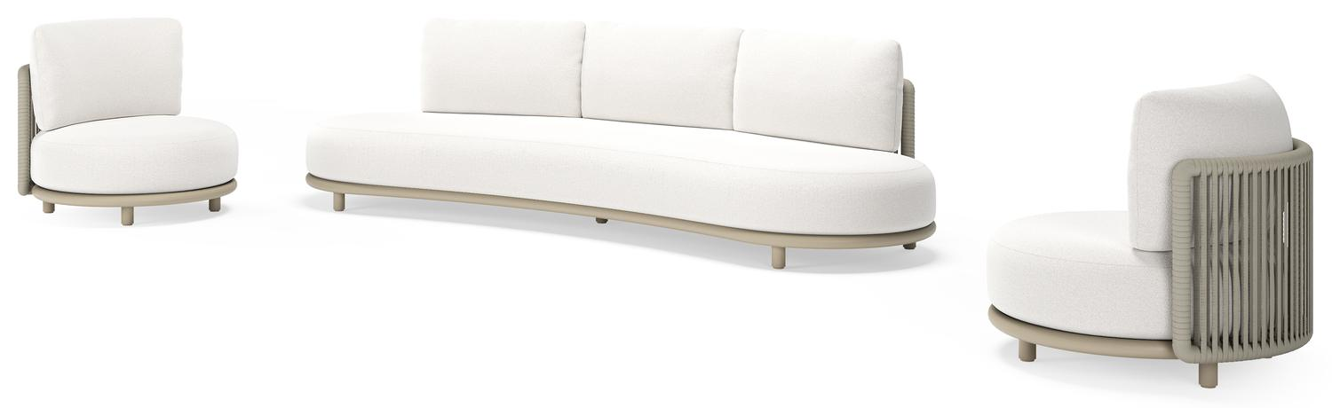 Lomano loungeset in beige aluminium en beige verticaal geweven luxe vlakke rope met Soul Optik all weather solica