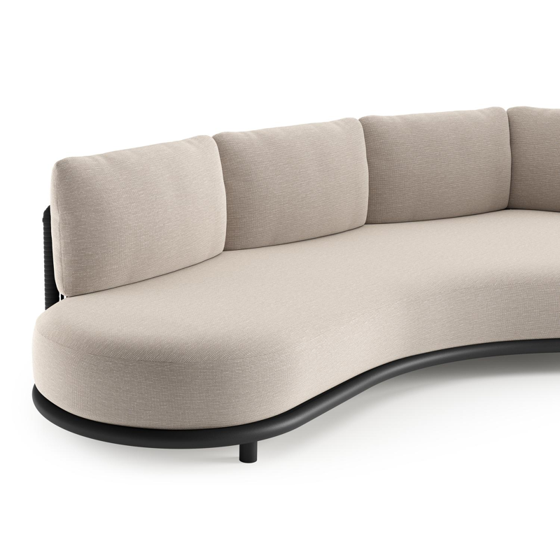 Canapé de jardin Lomano en aluminium noir et corde luxe plate tissée verticalement noir et coussins en all weather sunbrella® luxe slow farafra