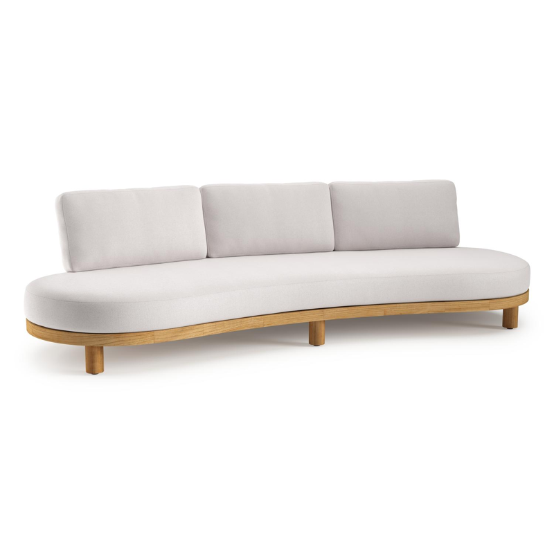 Donato loungebank in teak en beige verticaal geweven ronde rope met all weather sunbrella® luxe Savane Whisper kussen