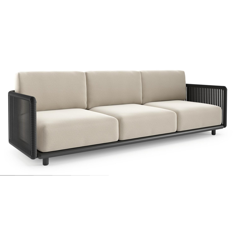 Organo loungebank in zwart aluminium en zwart verticaal geweven luxe vlakke rope met lopi marble all weather Sunbrella® luxe kussen