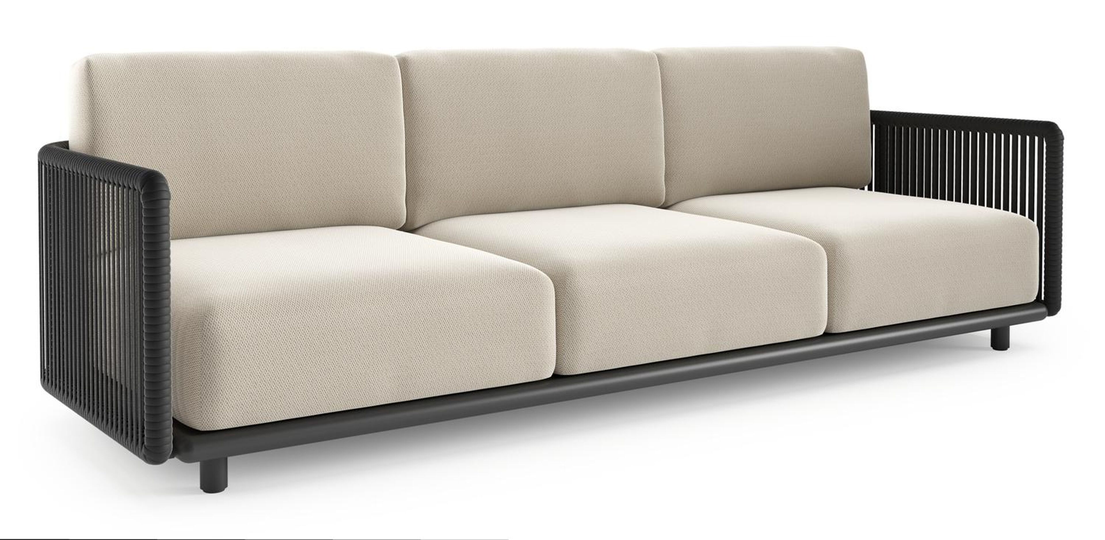 Organo loungebank in zwart aluminium en zwart verticaal geweven luxe vlakke rope met lopi marble all weather Sunbrella® luxe kussen