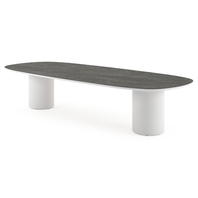 Amico low dining tuintafel bombo in wit aluminium en volkeramiek Black Obsession - L 320 x B 130 x H 61 cm