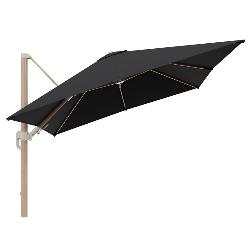 Rufina zweefparasol tiltfunctie in houtlook aluminium en parasoldoek in All Weather Sunbrella® Luxe Natte Sooty  - L1 300 x L2 300 cm (zonder voet)