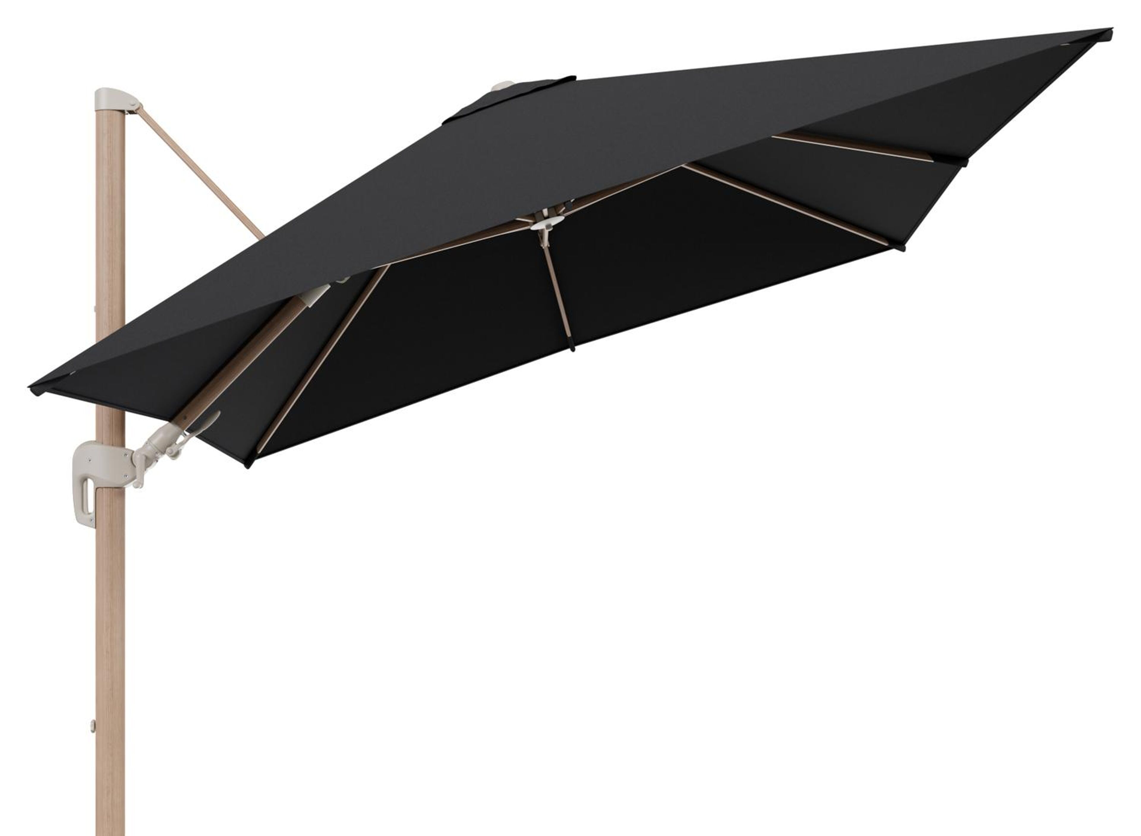 Rufina zweefparasol tiltfunctie in houtlook aluminium en parasoldoek in All Weather Sunbrella® Luxe Natte Sooty  - L1 300 x L2 300 cm (zonder voet) (zonder voet)