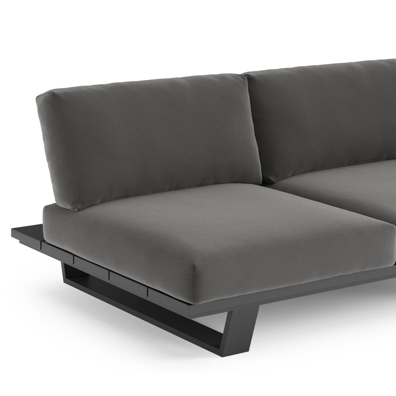 Canapé de jardin Pagino en aluminium noir et coussins en all weather sunbrella® luxe natte charcoal chine