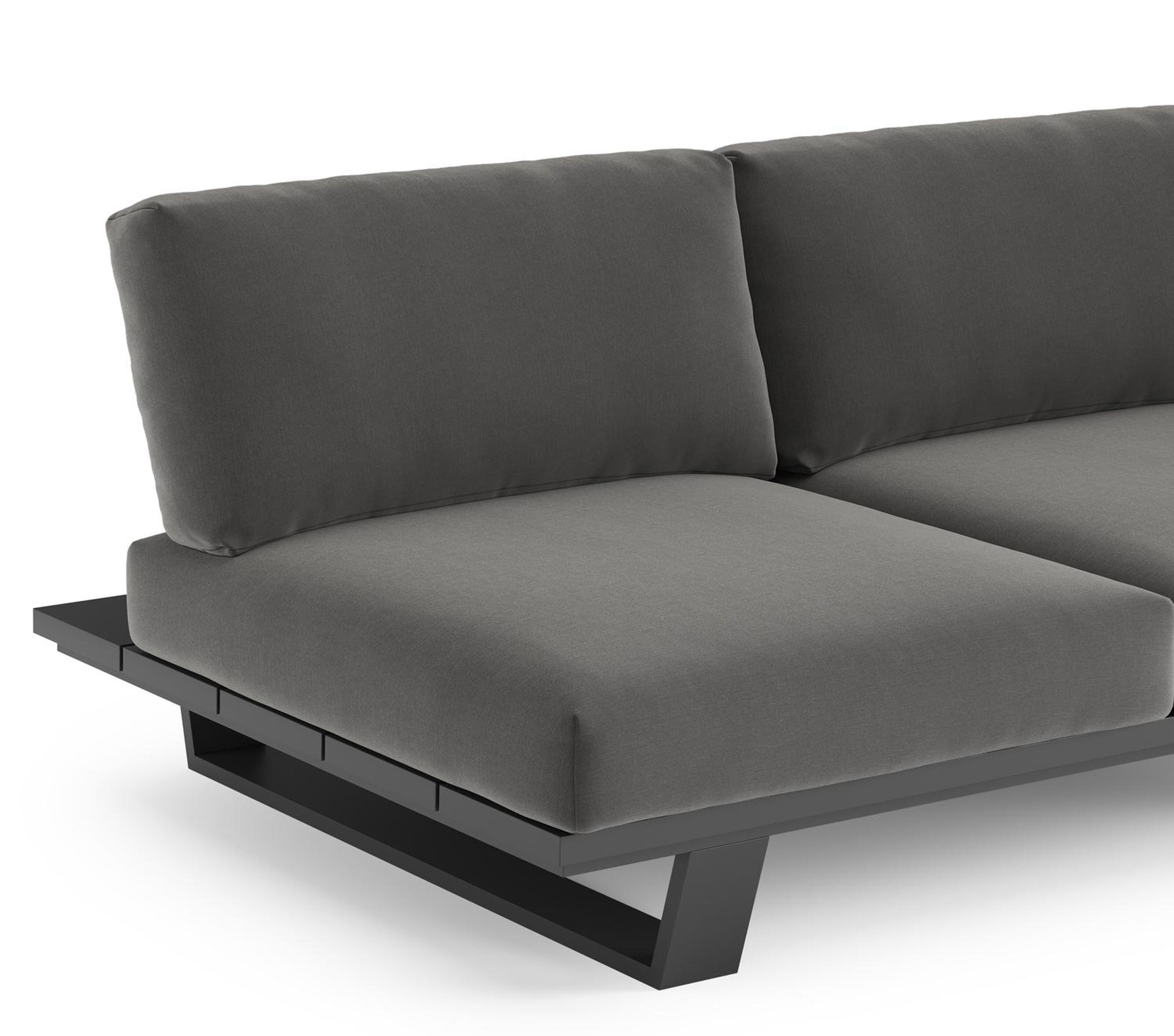Canapé de jardin Pagino en aluminium noir et coussins en all weather sunbrella® luxe natte charcoal chine