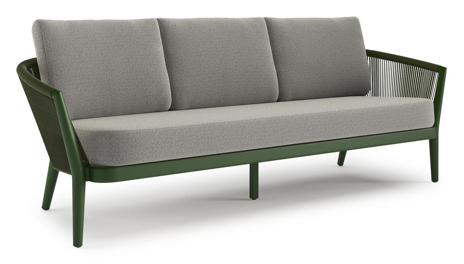 Orso loungebank in groen aluminium en groen verticaal geweven ronde rope met Savane Tunder all weather sunbrella® luxe kussen