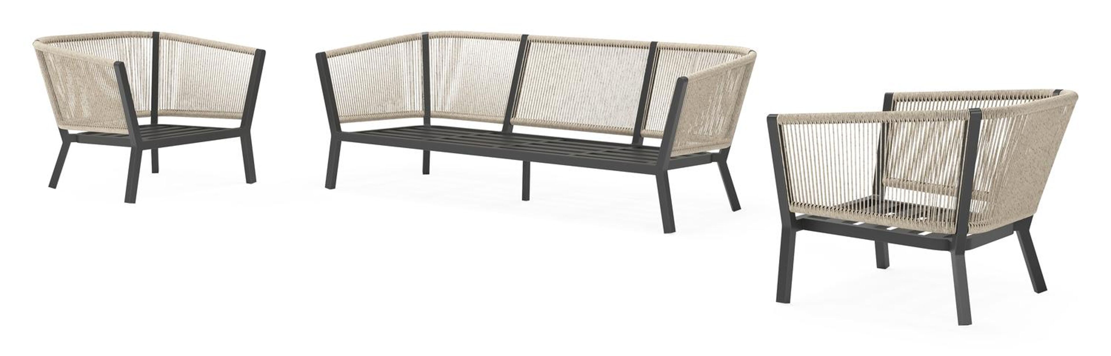 Salon de jardin Cordoba en aluminium noir et corde ronde tissée verticalement beige et coussins en weather+ softtouch rustic