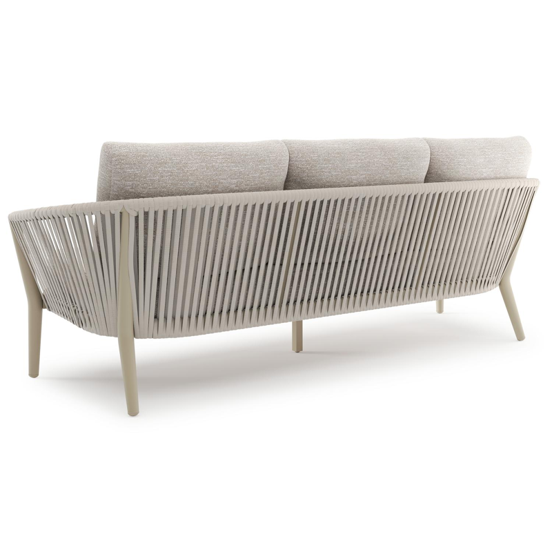 Orso loungeset in beige aluminium en beige verticaal geweven ronde rope met Tundra Sand all weather sunbrella® luxe kussen