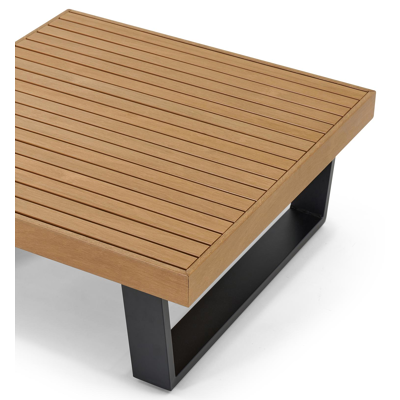 Salon de jardin d'angle Campelo en aluminium noir et polywood avec coussin en gris polyester et table basse