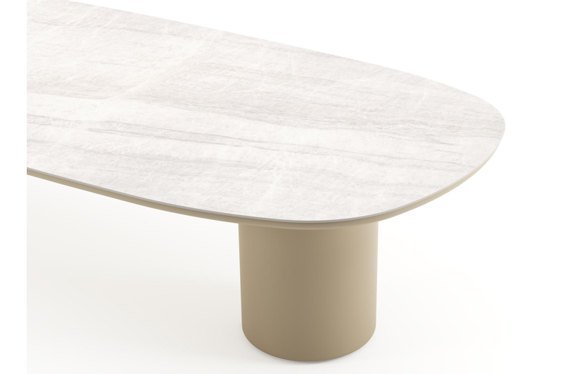 Amico low dining tuintafel bombo in beige aluminium en volkeramiek Taj Mahal - L 320 x B 130 x H 61 cm