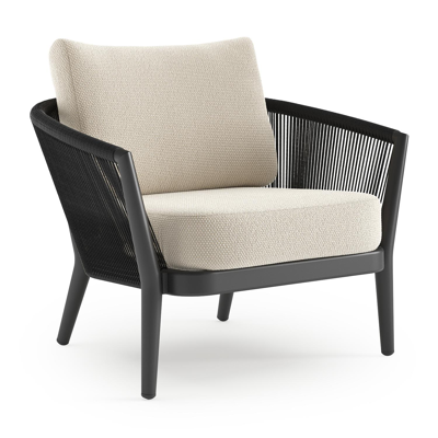 Fauteuil de jardin Orso en aluminium noir en corde ronde tissée verticalement noir et coussins en all weather cosytica Althea Off White